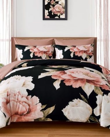 Dobuyly Full Size Comforter Set 7 Piece Bed in a Bag, Pink Floral Printed on Black Comforter Set with Sheets, Soft Microfiber Botanical Flower Bedding Set for All Season