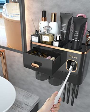 iHave Toothbrush Holders for Bathrooms - Upgrade Wall Mounted Toothbrush Holder with Toothpaste Dispenser - 2 Cups, Large Capacity Tray, Cosmetic Drawer - Bathroom Decor & Bathroom Accessories