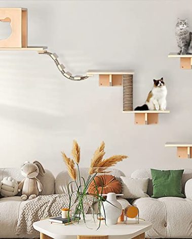 Cat Wall Shelves and Furniture Set with Condos, Perches, Bridge Ladders, Sisal Scratching Posts - Steps and Houses for Cats (A)