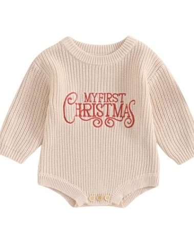 Adobabirl My First Christmas Baby Outfit Girl Boy Christmas Sweater Bubble Romper Long Sleeve Jumpsuit Fall Winter Outfit (First Christmas-Beige, 0-3 Months)