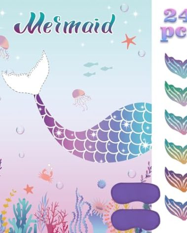 Pin The Tail on The Mermaid Party Game with 24 PCS Tails for Kids Girls Birthday 21'' x 28'' (Mermaid)