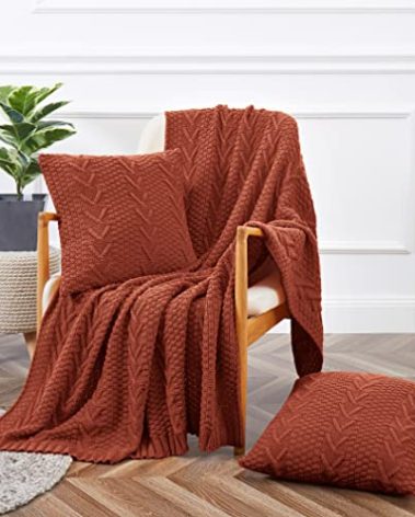 Aormenzy Knitted Throw Blanket (50" x 60") and 2 Pillow Covers (18" x 18"), 3 Piece Rust Throw Blanket Set, Decorative Throw Blankets for Couch Sofa Bed Living Room
