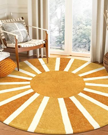 Lahome Boho Round Rugs - 4Ft Washable Non-Slip Small Round Area Rug Throw Soft Sofa Kids Nursery Room Rug Rainbow Sun Print Distressed Round Carpet for Bedroom Entryway Living Room Dining Room