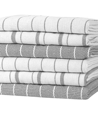 Zeppoli Classic Kitchen Towels - 6 Pack 100% Natural Cotton Towel Set, Reusable Wash Cloths, Absorbent Dish Towels, Machine Washable Hand Towels, Kitchen Essentials, 20” x 28” - Gray VAR