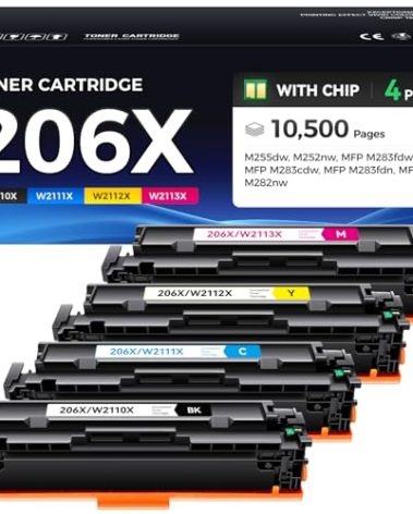 206X Toner Cartridge Set 4-Pack Printer High Yield Replacement for HP 206X W2110X W2111X W2112X W2113X Compatible for HP Color LaserJet Pro MFP M283cdw M283fdn M283fdw M282nw M255dw M255nw Ink Black