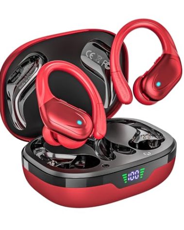 HAOYUYAN Wireless Earbuds, Sports Bluetooth Headphones, 80Hrs Playtime Ear Buds with LED Power Display, Noise Canceling Headset, IPX7 Waterproof Earphones for Workout/Running (Red)