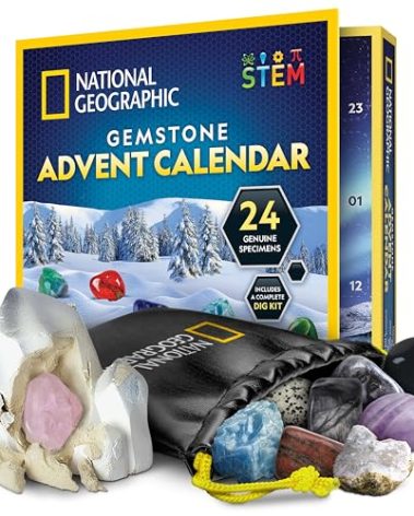 NATIONAL GEOGRAPHIC Gemstone Advent Calendar - 2025 Christmas Countdown Calendar for Kids with 24 Gems to Open Each Day, Complete Rock Collection with Mini Gemstone Dig Kit