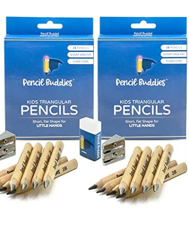 Jumbo Kids Triangle Pencils for Preschoolers, Kindergarten, Toddlers & Beginners (2 Sets) - 8 Short Triangular Pencils & Sharpener, Fat Pencils for Kindergarten, 2B (Natural Wood, 2 Sets)