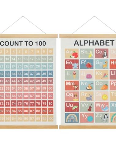 AmazingSpark 2 Pcs Boho Numbers Alphabet Poster Hanger Frame Vintage Educational Learning Abc Poster Classroom Decor Count to 100 Wall Art Decor for Toddlers Room Nursery Playroom, 12 x 16 Inch