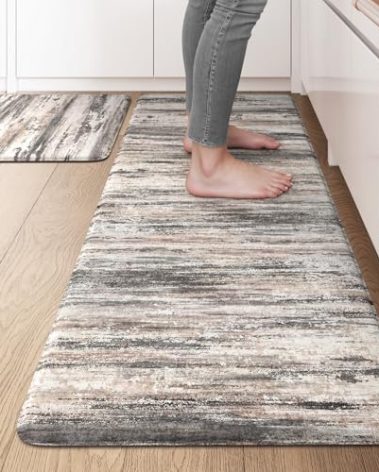 KIMODE Anti Fatigue Kitchen Mats for Floor 2 Piece, 17"x47"+17"x29" Farmhouse Plaid Kitchen Rugs Non Slip, Waterproof Kitchen Floor Mats for Kitchen Floor Sink Laundry Desk Decor Black Grey