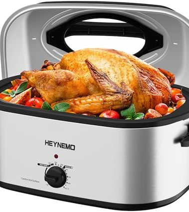 26 Quart Electric Roaster Oven with Visible & Self-Basting Lid, Large Turkey Roaster with Defrost Warm Function, Adjustable Temperature, Removable Pan Rack, Stainless Steel, Silver