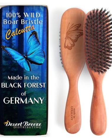 100% Pure Calcutta Boar Bristle Hairbrush for Natural Healthy Hair, Stiff Bristle, Made in Germany's Black Forest