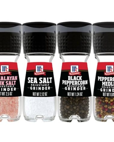 McCormick Salt & Pepper Grinder Variety Pack, Himalayan Pink Salt, Sea Salt, Black Peppercorn, and Peppercorn Medley, 6.47 oz