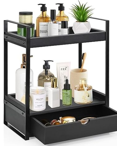 Ukonvi 2-Tier Bathroom Organizer Countertop with Drawer, Wood Counter Shelf for Storage, Vanity Tray for Organization and Decor, Countertop Organizer for Bathroom, Kitchen, Office (Black)