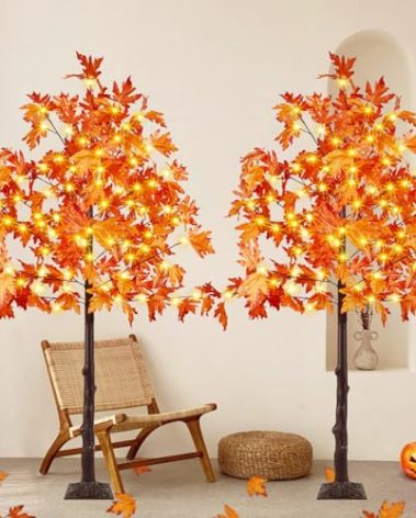 2 Pack 5FT Artificial Lighted Maple Tree, Halloween Decor Artificial Tree with Timer, 200 LED Warm White Light up Fall Maple Tree for Indoor Outdoor Thanksgiving Autumn Home Party Decoration, Orange