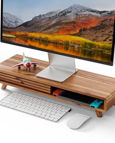 Tinamo Acacia Monitor Stand Riser with Sliding Door - Wooden Monitor Riser for Desk - Computer Monitor Stand for Desk - Multi-Purpose Desktop Storage Stand for Computer; Laptop; TV(24.4 " x 8" x 5")
