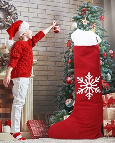 Supervitae 59 Inch Jumbo Christmas Stocking Giant Christmas Stockings Red Velveteen Stocking with Soft Plush Cuff Large Christmas Stocking Hanging Big Stockings for Kids Gift Bags (Snowflake Style)