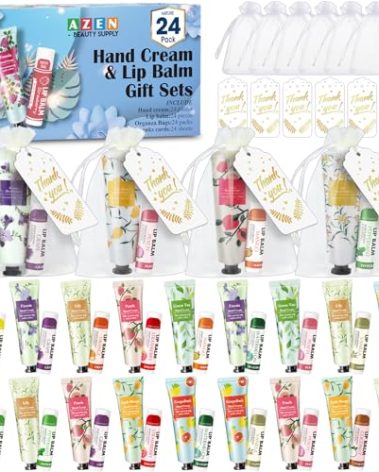 AZEN 24 Sets Bulk Gifts, Hand Cream and Lip Balm Bulk Set with Organza Bag Thank You Card, Baby Shower Wedding Gifts for Guests, Bridal Wedding Favors for Guests, Thank You Gifts for Women