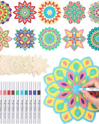 Vercraft 22 Pcs Wooden Mandala Painting Set 10 Mandala Unfinished Wood Cutouts with 12 Markers for Crafts Diwali Craft Wood Slices for Adults Painting DIY Tags Wedding Home Decors(Artsy Style)