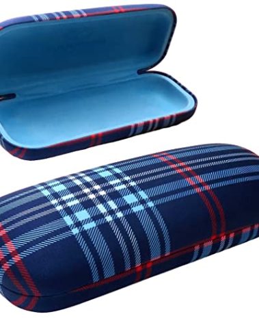 Hard Glasses Case in a Plaid Microfiber Print - Glasses Holder Metal Case - Eyeglass Case Clam shell with Pouch & Cloth (AS126 Blue Plaid)
