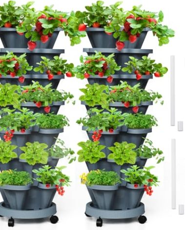 Tectsia 7 Tiered Strawberry Vertical Planters Tower Garden 2 Pack, Stacking Herb Vegetable Planter with Support Pole Indoor and Outdoor - Dark Grey