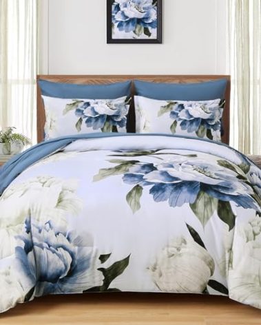 Dobuyly Blue Full Size Comforter Set 7 Piece Bed in a Bag, Blue Floral Print on Light Blue Comforter Set with Sheets, Soft Microfiber Complete Bedding Set for All Season