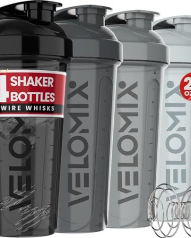 VELOMIX -4 Pack- 28 oz Protein Shaker Bottles for Protein Mixes - 4x Wire Whisk | Leak Proof Shaker Cups for Protein Shakes | Protein Shaker Bottle Pack (Silver Mix)