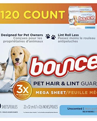 Bouce Bounce Pet Hair and Lint Guard Mega Dryer Sheets for Laundry, Fabric Softener with 3X Pet Hair Fighters, Unscented, Hypoallergenic, 120 Count