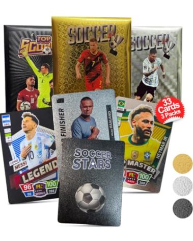 Soccer Trading Cards 2025-26 | 3 Packs - 33 Collectible Cards for Fans & Players Black, Gold & Silver Soccer Mystery Cards Packs Different Cards in Each Set - Try & Collect Them All