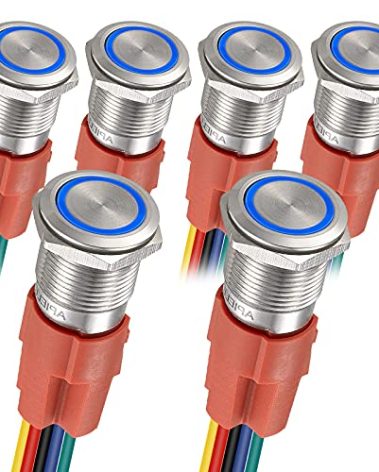 APIELE Latching Push Button Switch 16mm 0.63" 12V- 24V DC LED SPDT 1NO1NC Stainless Steel Metal Push Button Switch with Pigtail 6PCS (Silver Shell-Blue, 16MM)