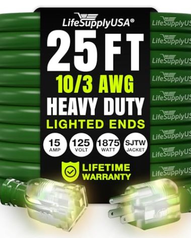 25ft Outdoor/Indoor Extension Cord 10/3 Gauge Ultra Heavy Duty 3 Prong SJTW, Waterproof, Flexible Cold-Resistant Long Power Cord,15A 125V 1875W, Green by LifeSupplyUSA