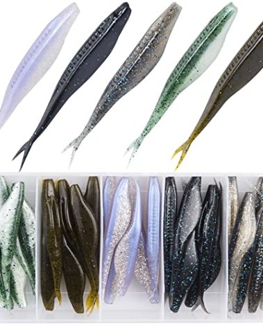 Bombrooster Fishing Bait Soft Plastic Fishing Lure, 5in Salty Split Tail Jerk Shad Minnows Lure for Bass Fishing, Swimming Jerk Bait 30 Pcs with Tackle Box