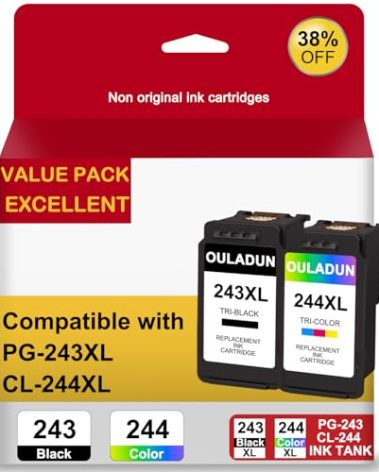 PG-243XL/CL-244XL Ink Cartridges Replacement for Canon 243XL 244XL Combo Pack for Pixma TR4520 TS3322 TR4522 TS3122 MG2520 MG2522 MG2922 MX490 MX492 Printers (1 Black+1 Color)