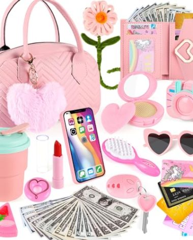 Play Purse for Little Girls Toddler, 35PCS Toddler Purse with Pretend Makeup for Kids, Girl Toys Princess Toy Includes Handbag, Phone, Kids Toy Purse Christmas Birthday Gift for Girls 3 4 5 6 7 8+