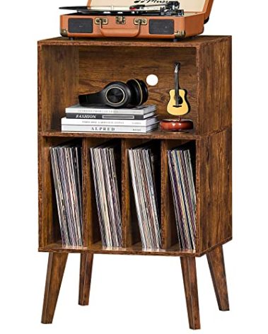 Lerliuo Record Player Stand, Brown Turntable Stand Holds up to 160 Albums, Mid-Century Vinyl Storage Cabinet Table with Solid Wood Legs, Record Player Holder Dispaly Shelf for Bedroom Living Room