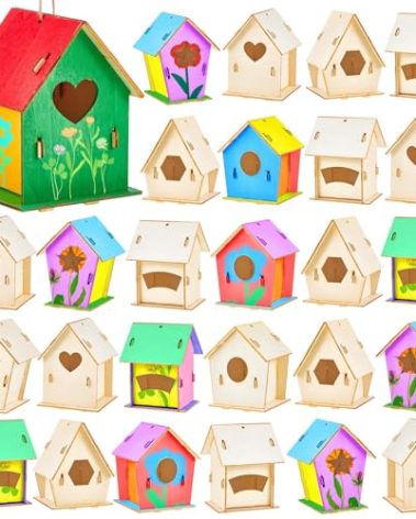 Juexica 30 Pcs Wooden Bird Houses to Paint Bird House Kits for Kids Unfinished Wood Bird Houses Crafts Kits for Children to Build and Paint DIY Craft(Cute)