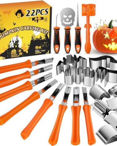 Pumpkin Carving Kit Halloween, 22 PCS Safe and Easy Pumpkin Carving Tools for Kids, DIY Stainless Steel Pumpkin Carving Set for Halloween Decoration Jack-O-Lanterns, Gift for Halloween(With Hammer)