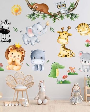 Amimagen Jungle Baby Animals Wall Stickers - Elephant Lion Tiger Giraffe Wall Decals - Nursery Kids Girls Boys Room Daycare Playroom Classroom Wall Decor