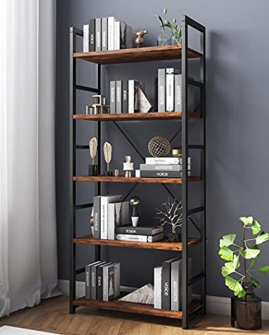 VERMESS 5 Tier Bookshelf, Tall Book Shelf, Vintage Industrial Bookcase with Open Display Shelves, Wood Storage Shelving Unit Metal Frame Standing Bookshelves for Bedroom/Home/Office, Rustic Brown