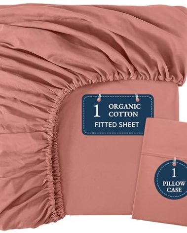 LANE LINEN 100% Organic Cotton Twin Fitted Sheet, 2-Piece Set (1 Fitted Sheet, 1 Pillowcase), Percale Weave, Lightweight, Soft, Breathable, Fits Mattress Upto 15' Deep - Rose Dawn (No Flat Sheet)