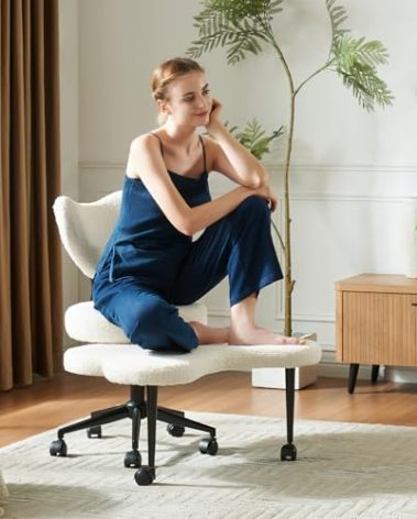 Pinmoco Ergonomic Cross Legged Chair, 360° Swivel Meditation Chair with Wheels, Height Adjustable Seat for ADHD, Strong Lumbar Support, Chic Home Office Furniture, Teddy Fabric, Off White