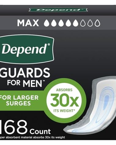 Depend Guards Incontinence Pads for Men, Maximum Absorbency, 168 Count (2 Packs of 84), Packaging May Vary