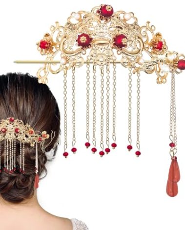 Chinese Hair Accessories for Wedding, Red Tassel Gold Hanfu Pins Pearl Flower Hair Pins, Hair Chopsticks Hair Styling Vintage Classical Sticks Long Tassel Chinese Hair Jewelry Accessories