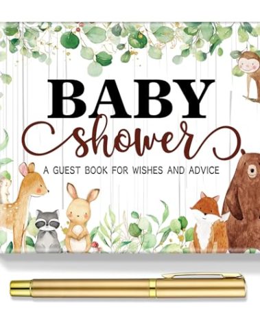 Fuyoooo 27 Pcs Woodland Animal Baby Shower Guest Book Set Baby Shower Sign in Guest Floral Book Place Table Cards with Gold Pen Adhesive Photo Corner for Birthday Party