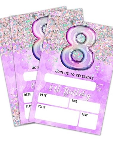8Th Birthday Invitation Cards, Holographic Balloons Double-Sided Fill In Style Birthday Invites With Envelopes, Glitter Purple 8 Years Old Invitations For Girls, Teen, Party Favor & Supplies - A08