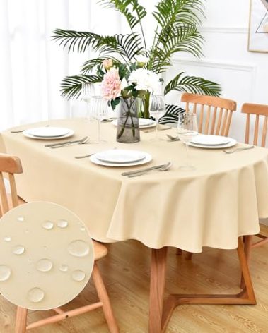 Farmhouse Rustic Faux Linen Oval Tablecloth Beige Waterproof Table Cloth Washable Table Cover for Indoor Outdoor Home Kitchen Dinning Room Banquet 60 x 84 Inch