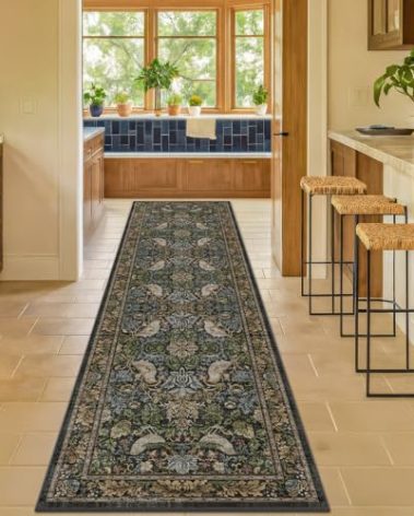 Vintage Runner Rugs for Hallways - 2'6"x10' Wide Kitchen Runners, 10 ft Long Entryway Rug, Botanical Pattern with Flowers and Leaves, Washable Non Slip Low Pile