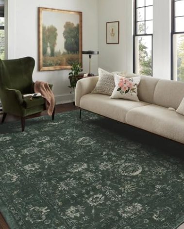 LIMON HOME Dark Green Washable Area Rug 6x9,Olive Green Distressed Large Rugs for Living Room Bedroom,Moody Floral Boho Vintage Oriental Indoor Carpet for Dining Room,Forest Green Rug