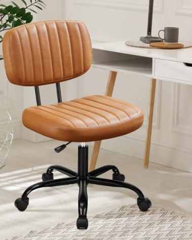 DUMOS Armless Home Office Desk Chair -Small Ergonomic with Low Back Lumbar Support, Height Adjustable PU Leather Computer Task with 360° Swivel Rolling Wheels, for Small Space, Brown