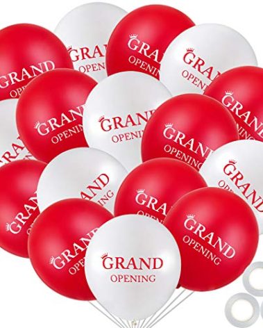 60 Pieces Grand Opening Balloons 12 Inch Double Side Celebrate Business Latex Balloons with 3 Pieces White Ribbons for Ceremony Decoration